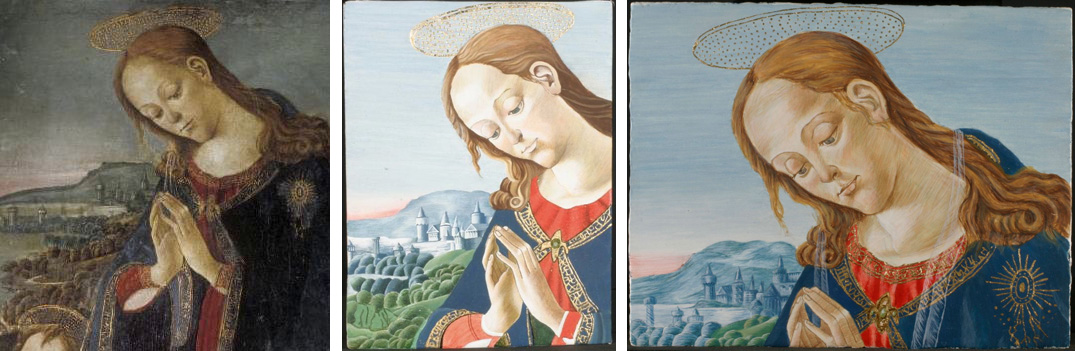 Detail of Virgin Adoring the Child by Jacopo del Sellaio, Fitzwilliam Museum (left); first-year reconstructions by Pia and me (middle and right)