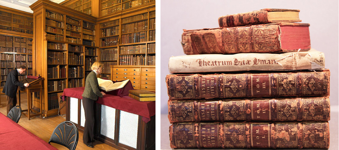 The Founder's Library in the Fitzwilliam Museum (left); and some of the rare books I have been conserving (right)