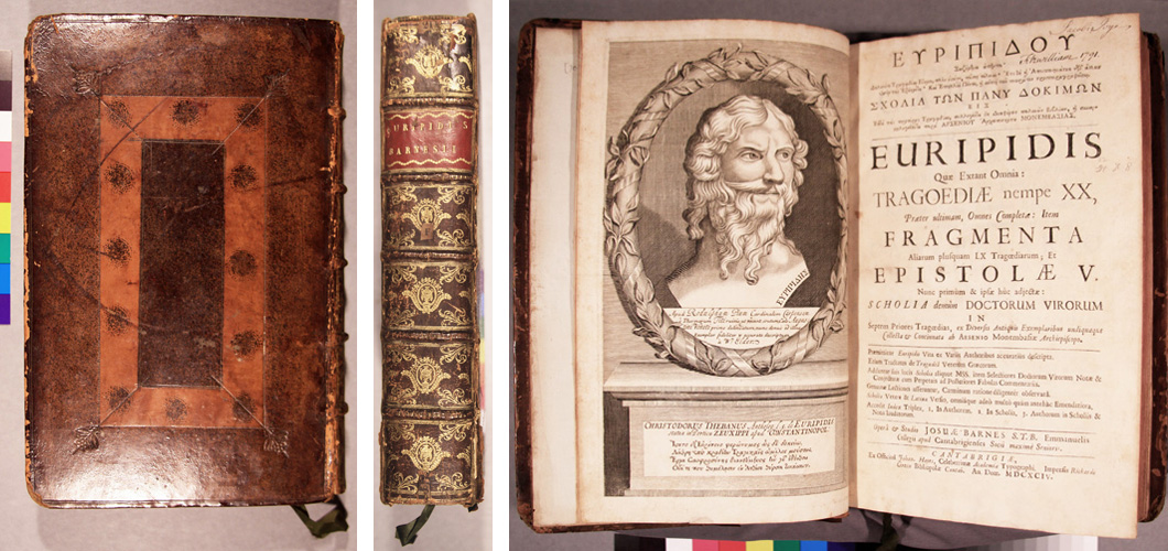 The upper board (left), spine (centre), and front page (right) of book 13.2.G.1 before treatment