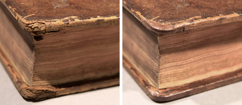 Laminating millboard edges and corners(left) were consolidated using Japanese paper and wheat starch paste (right)