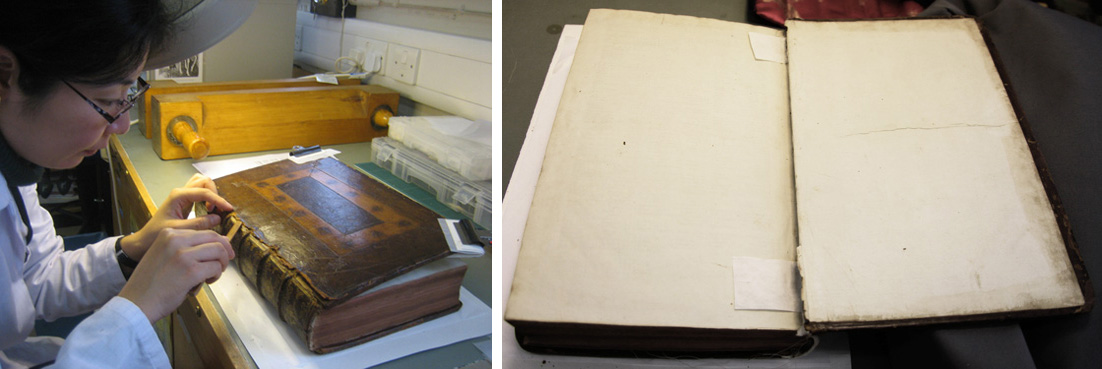 Carefully splitting the cover leather (left). Cotton tabs were inserted between the pastedowns and boards (right)